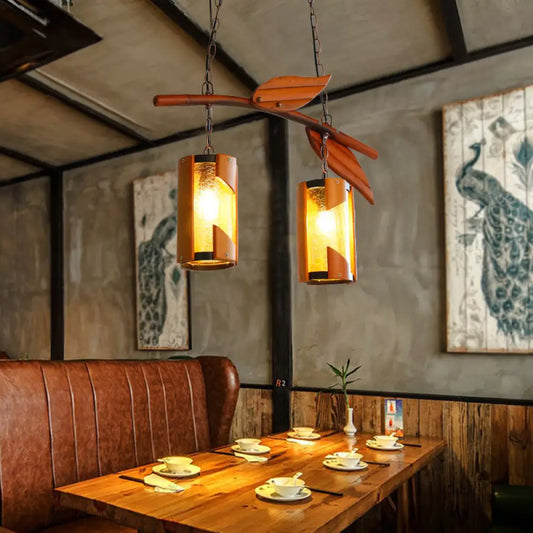 Lámpara colgante DecorBites™ de estilo campestre con cristal craquelado y detalle de rama - Marrón, 2 luces - Ideal para restaurantes