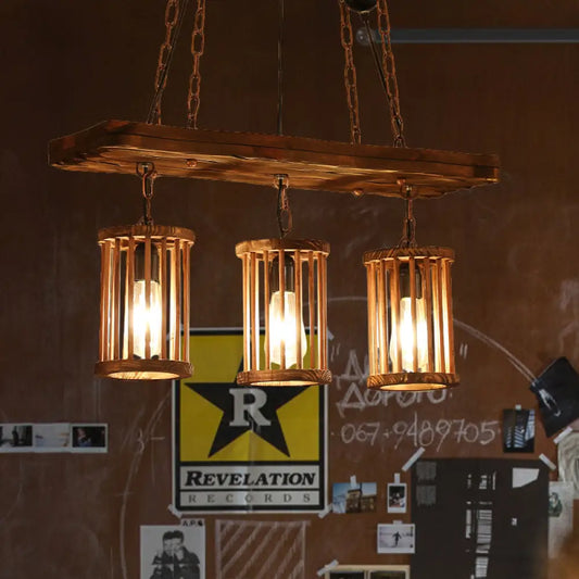 Lámpara colgante cilíndrica estilo campestre DecorBites™ para isla de cocina con tablero de madera - 3 cabezales