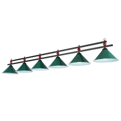 Country style dark green conical pool ball bar island lighting fixture with red accents and adjustable chain cord length