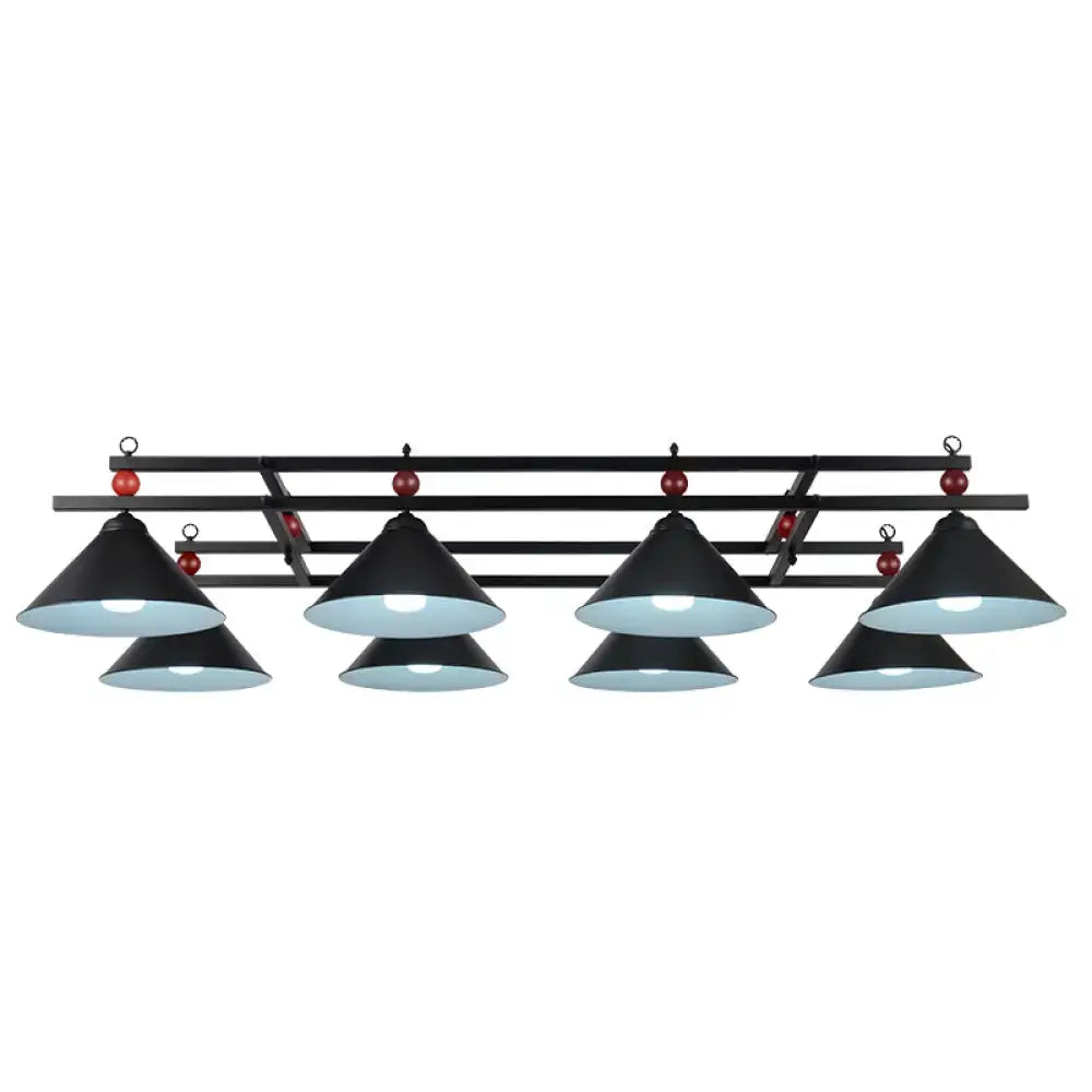 Country style dark green bar island lighting fixture with black metal pool table light and eight conical shades with red beads