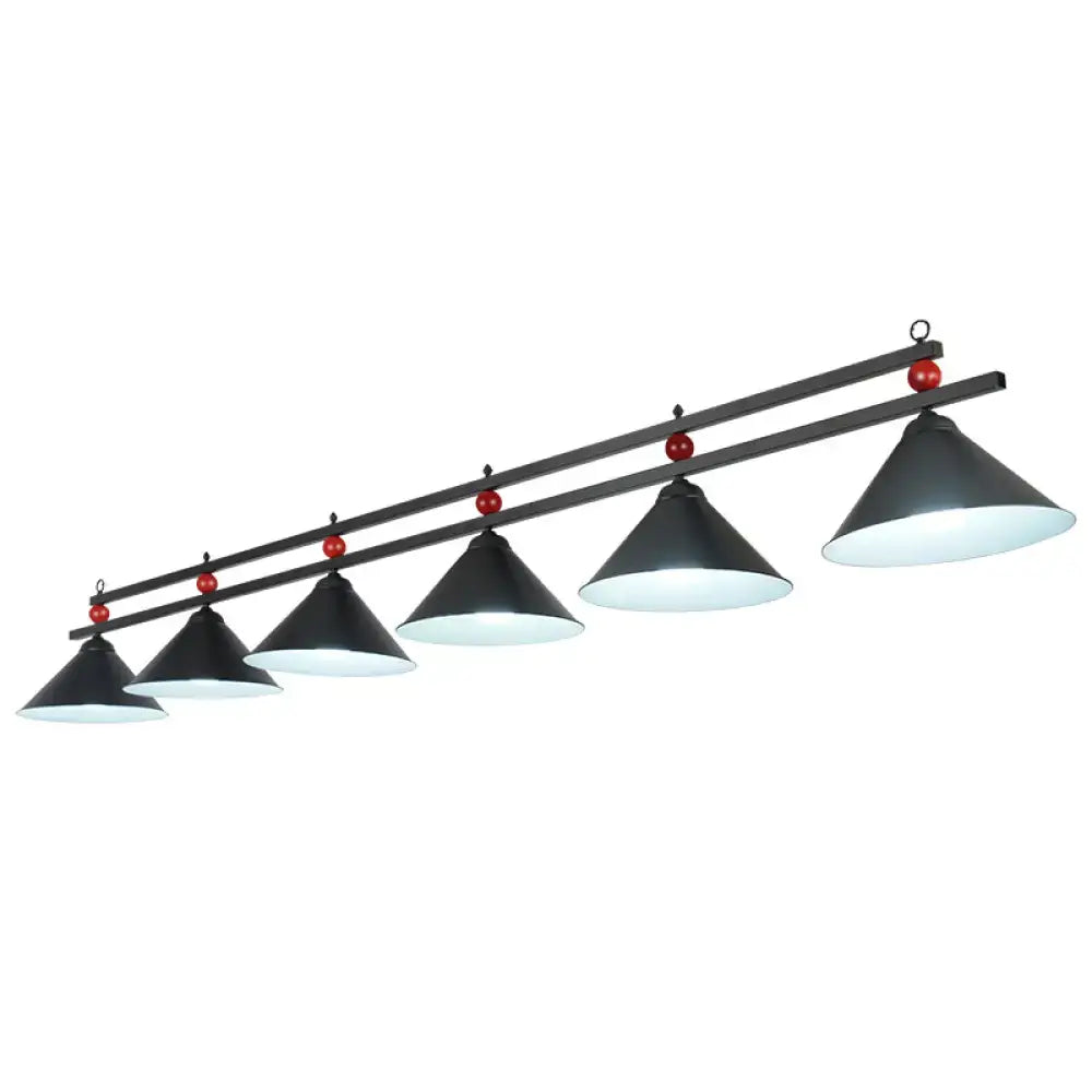 Country style dark green pool ball bar island lighting fixture with black conical pendant lights and red accents on metal bar chain cord length adjustable