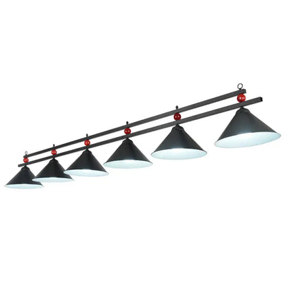 Country style dark green pool ball bar island lighting fixture with black conical pendant lights and red accents on metal bar chain cord length adjustable