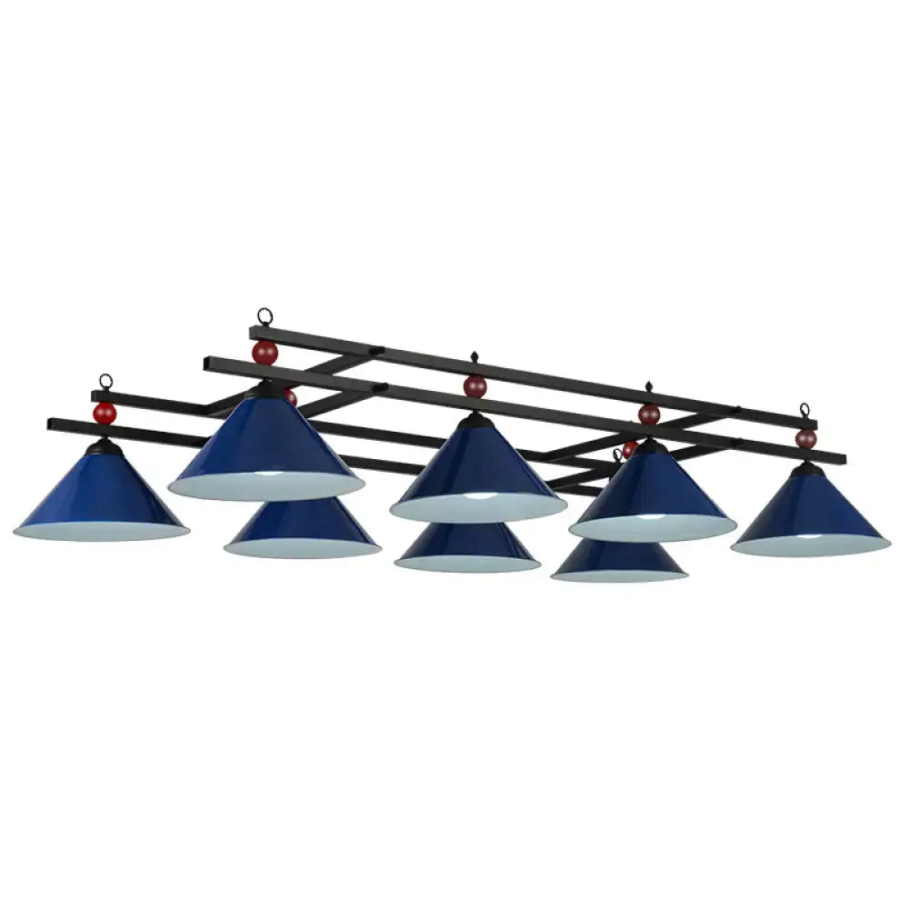 Blue enamel pool table lamp with black metal frame and red spheres as country style dark green bar island lighting fixture