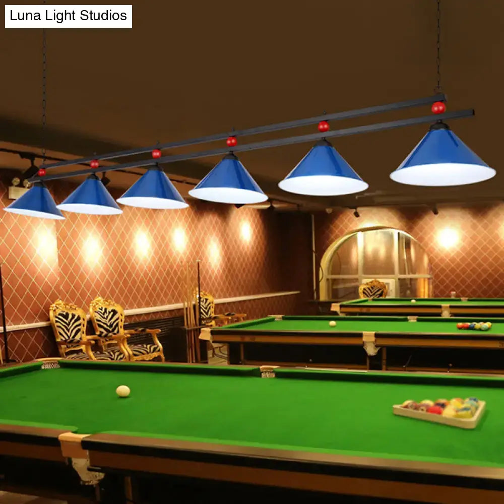 Blue conical pendant bar island lighting fixture with white interiors and adjustable chain cord length above pool tables