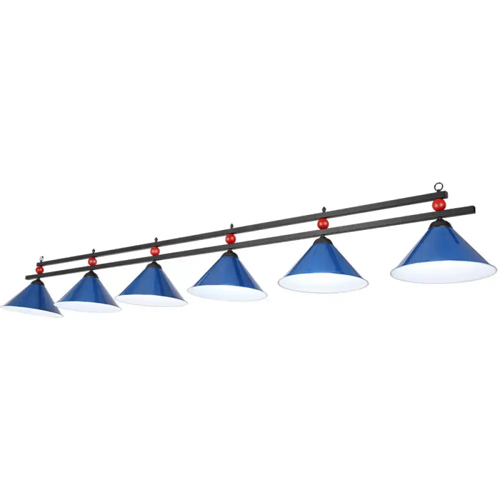 Country style dark green bar island lighting fixture with blue conical pool table light and red decorative spheres chain cord length adjustable