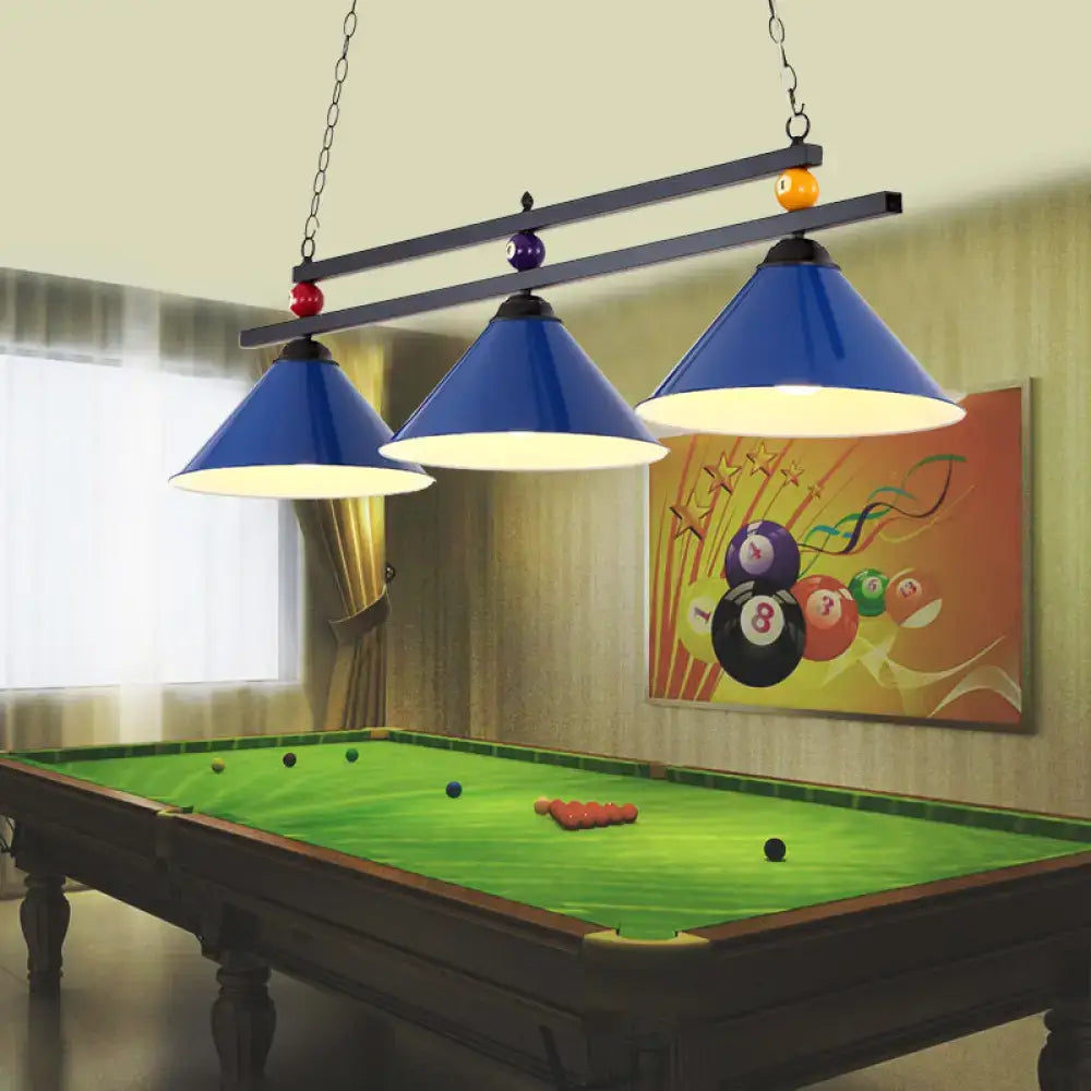 Blue conical pendant lights with metallic frames hang above a dark green pool table as a bar island lighting fixture with chain cord length adjustment