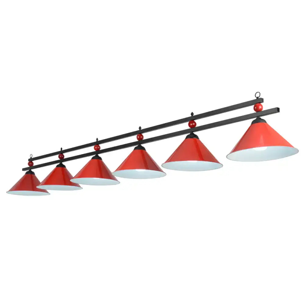 Red conical pendant lights with white interiors and black metal frames on a bar island lighting fixture with chain cord length