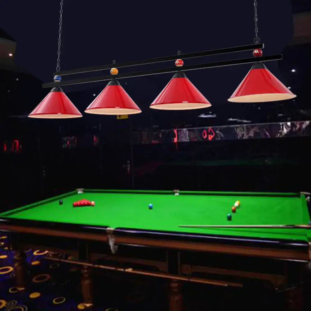 Red conical pendant lights with black metal frames hang above a green pool table in a country style bar island lighting fixture with adjustable chain cord length
