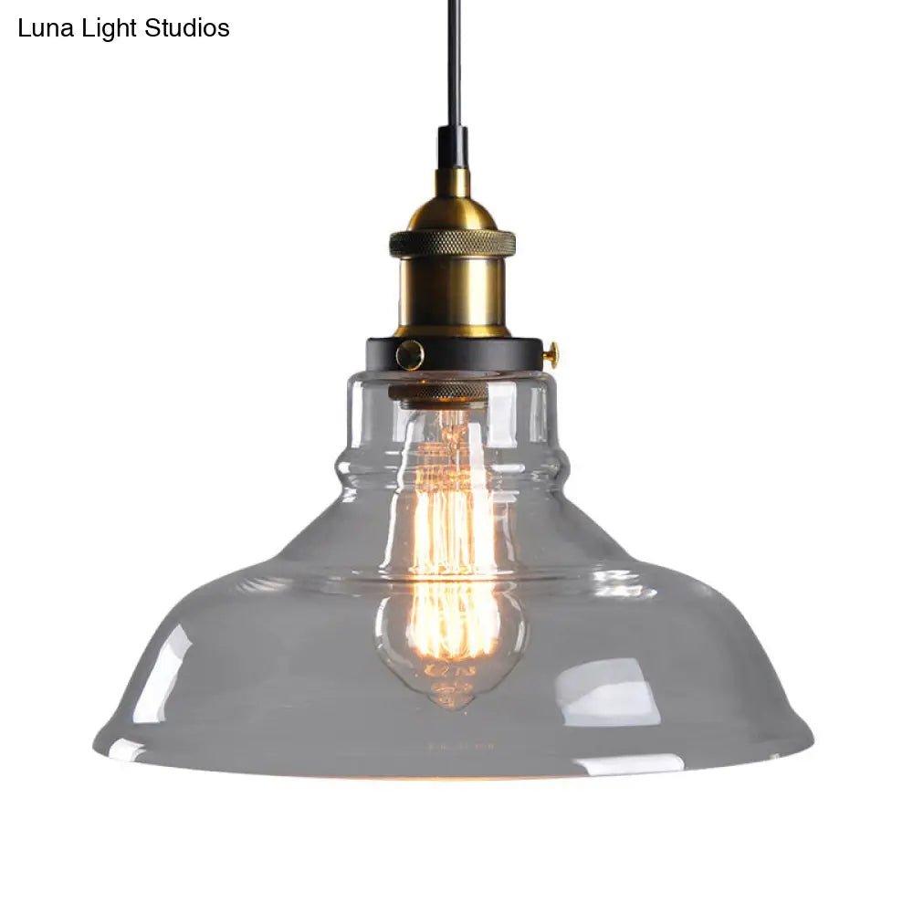 Country Style Glass Pendant Lamp in Clear/Smoke Grey with 1 Head and Brass/Black Finish for Dining Room