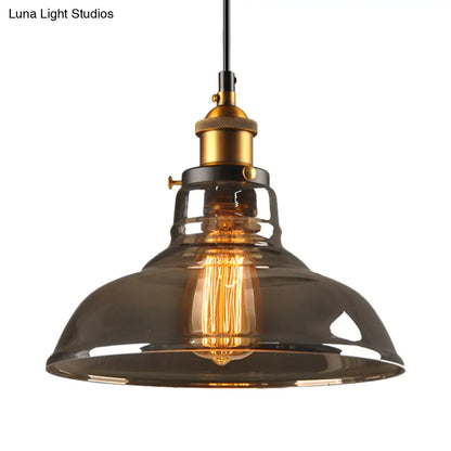 Country Style Glass Pendant Lamp in Clear/Smoke Grey with 1 Head and Brass/Black Finish for Dining Room