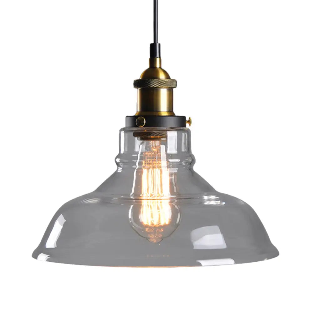 Country Style Glass Pendant Lamp in Clear/Smoke Grey with 1 Head and Brass/Black Finish for Dining Room