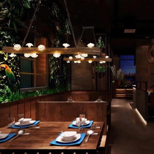 Lámpara de araña DecorBites™ estilo campestre con forma de seta y 12 bombillas de madera para iluminación colgante de interiores