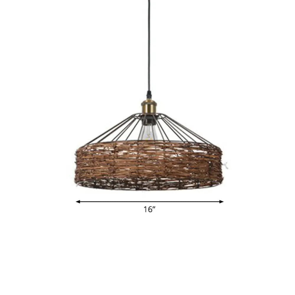 Country Style Rattan Barn Hanging Light Pendant for Dining Room - Brown Finish, 1 Bulb