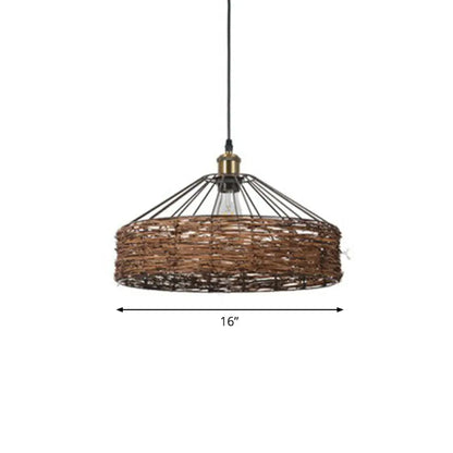 Country Style Rattan Barn Hanging Light Pendant for Dining Room - Brown Finish, 1 Bulb