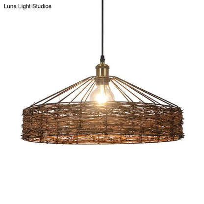 Country Style Rattan Barn Hanging Light Pendant for Dining Room - Brown Finish, 1 Bulb