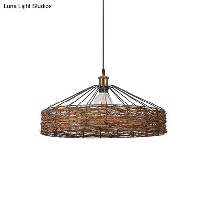 Country Style Rattan Barn Hanging Light Pendant for Dining Room - Brown Finish, 1 Bulb