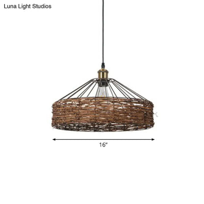 Country Style Rattan Barn Hanging Light Pendant for Dining Room - Brown Finish, 1 Bulb