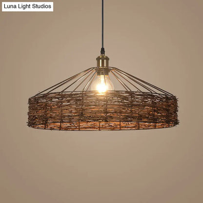 Country Style Rattan Barn Hanging Light Pendant for Dining Room - Brown Finish, 1 Bulb