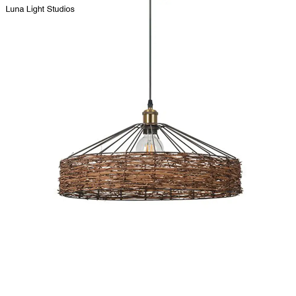 Country Style Rattan Barn Hanging Light Pendant for Dining Room - Brown Finish, 1 Bulb