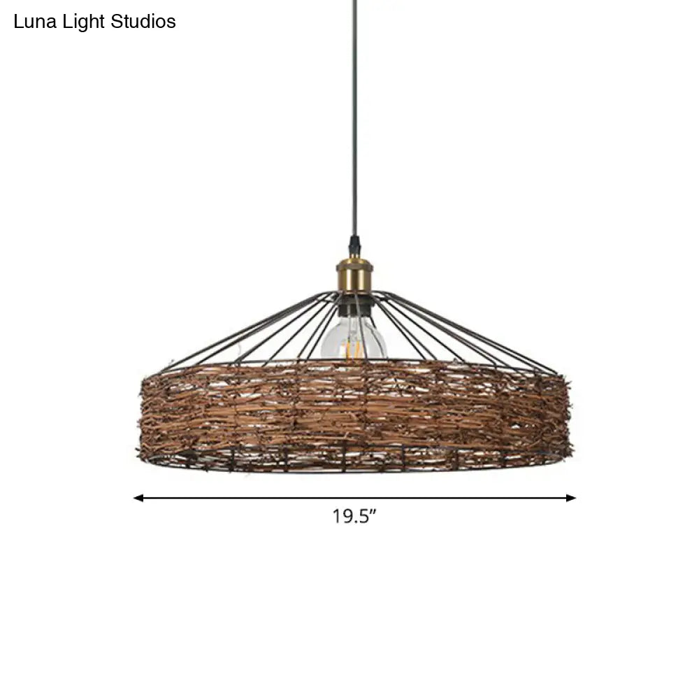 Country Style Rattan Barn Hanging Light Pendant for Dining Room - Brown Finish, 1 Bulb