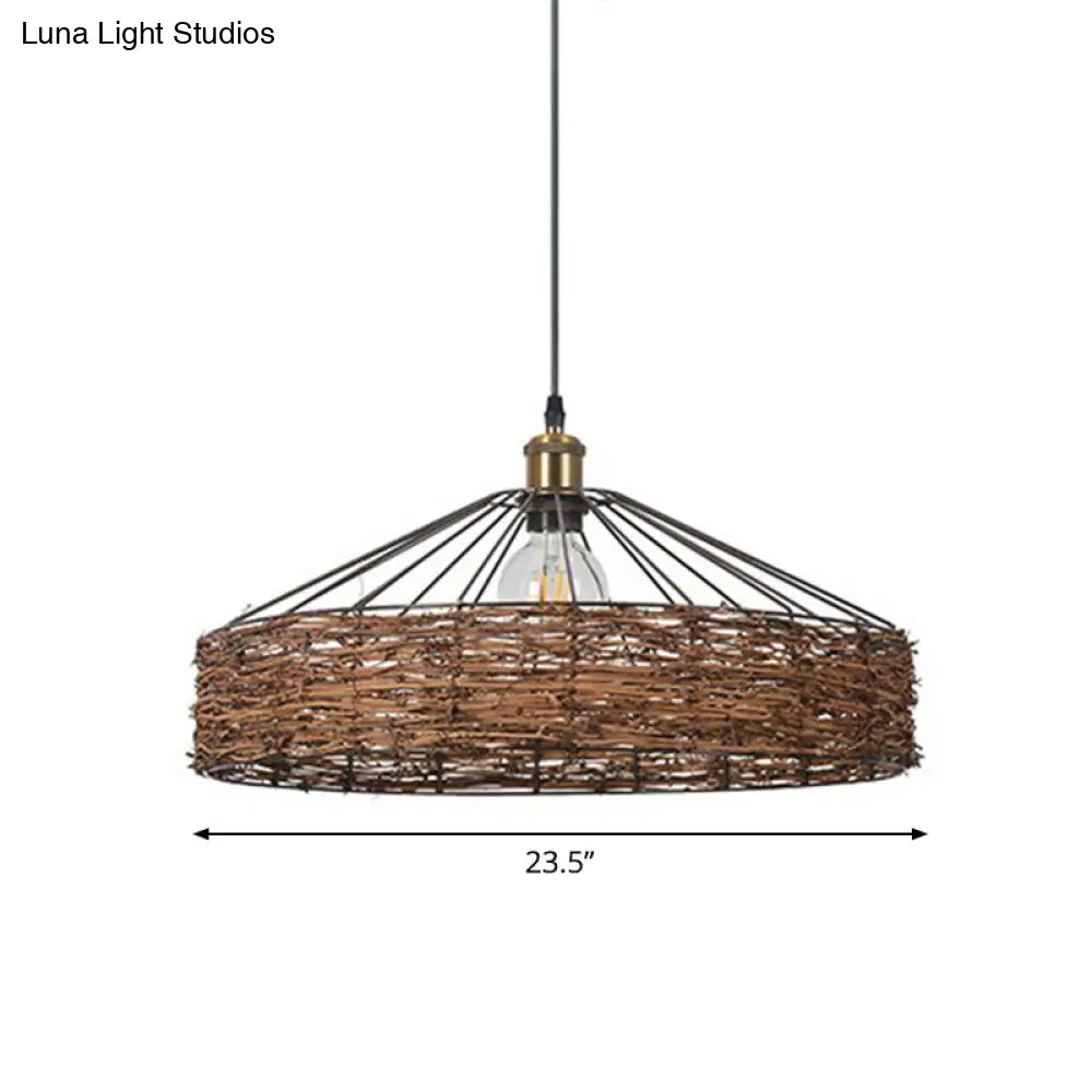 Country Style Rattan Barn Hanging Light Pendant for Dining Room - Brown Finish, 1 Bulb