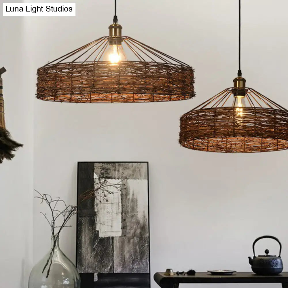 Country Style Rattan Barn Hanging Light Pendant for Dining Room - Brown Finish, 1 Bulb