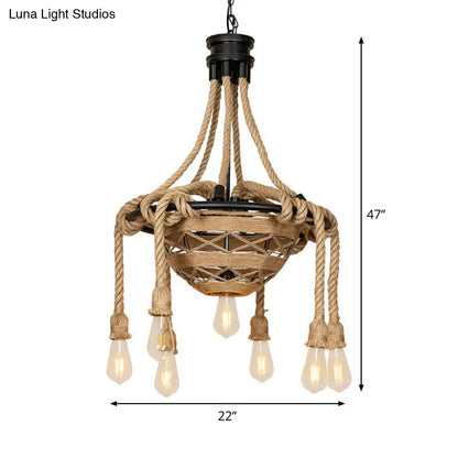 Country Style Rope Bowl Pendant Chandelier with Bare Bulb Design, Brown - 6 Heads Hanging Light for Dining Room