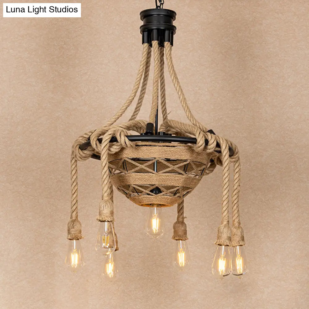 Country Style Rope Bowl Pendant Chandelier with Bare Bulb Design, Brown - 6 Heads Hanging Light for Dining Room