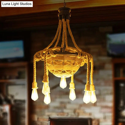 Country Style Rope Bowl Pendant Chandelier with Bare Bulb Design, Brown - 6 Heads Hanging Light for Dining Room