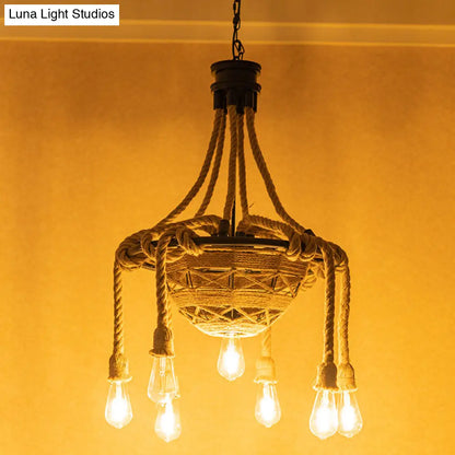 Country Style Rope Bowl Pendant Chandelier with Bare Bulb Design, Brown - 6 Heads Hanging Light for Dining Room