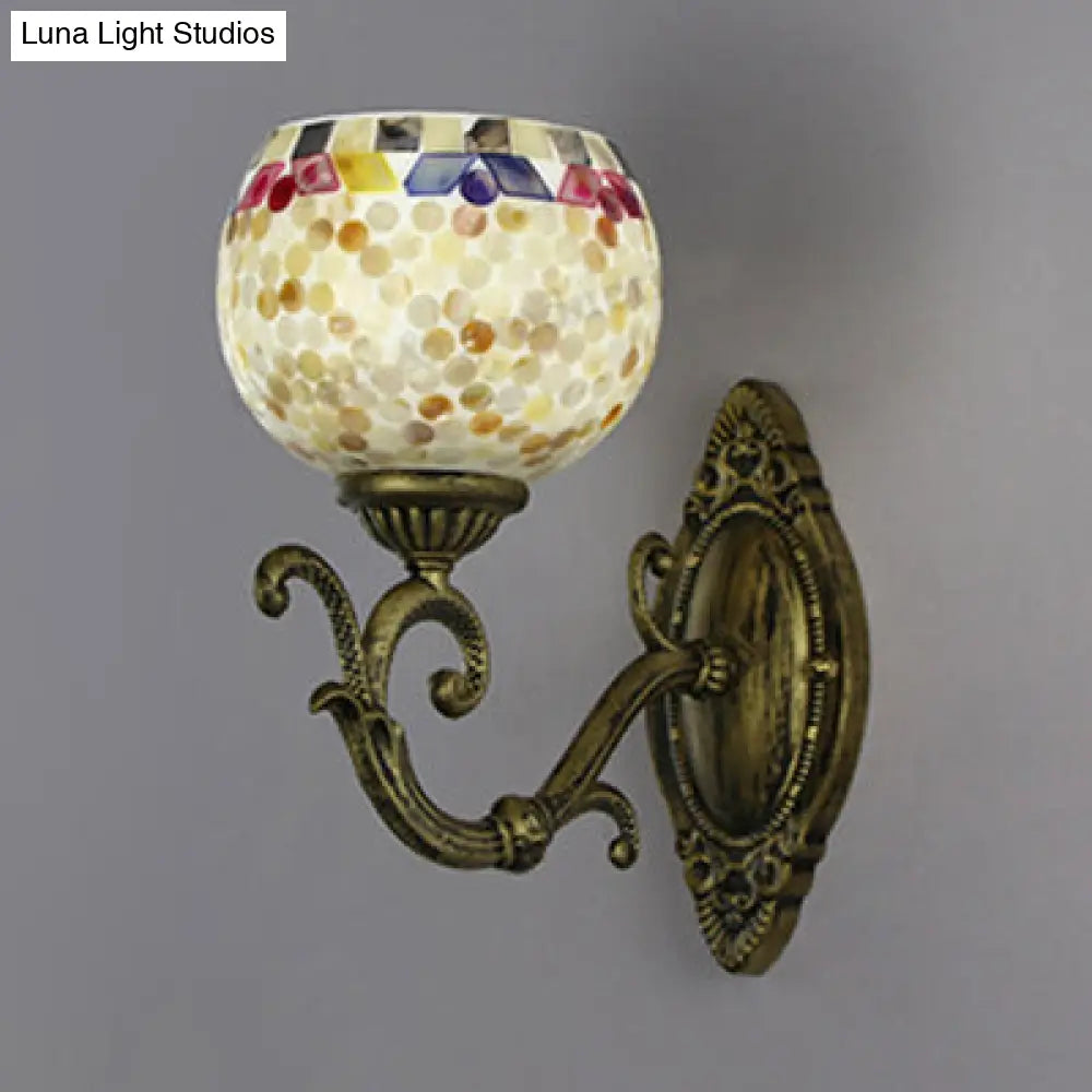 Country Style Shell Global Sconce Light - Curved Arm Wall Mount in Beige/Beige-Red - Bedroom Lighting