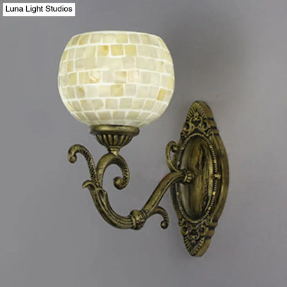 Country Style Shell Global Sconce Light - Curved Arm Wall Mount in Beige/Beige-Red - Bedroom Lighting