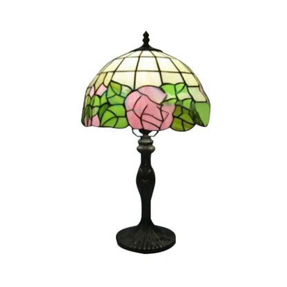 Country Style Stained Glass Dome Flower Table Light - Red/Green - 1 Light Indoor Lighting
