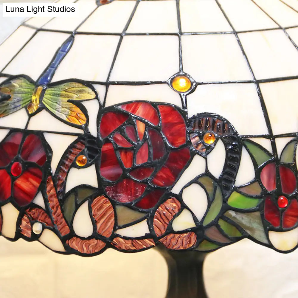 Country Style Stained Glass Dome Flower Table Light - Red/Green - 1 Light Indoor Lighting