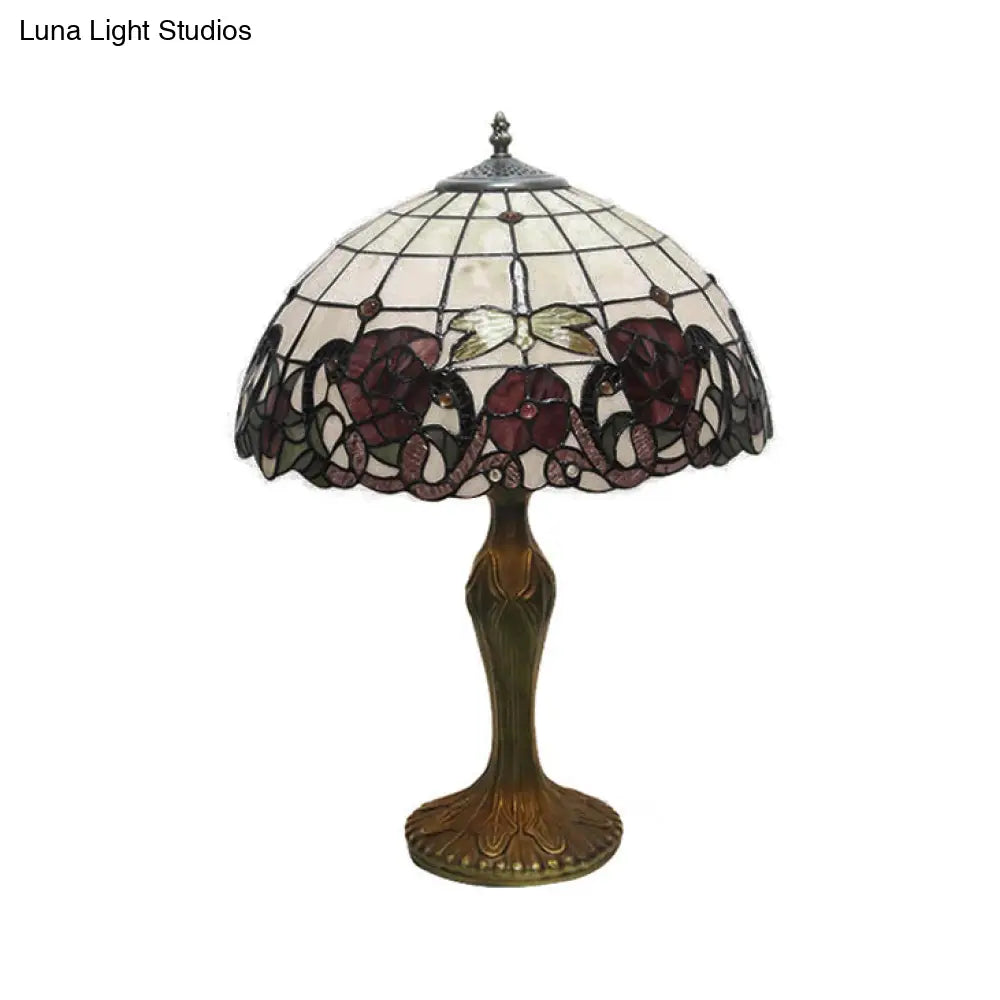 Country Style Stained Glass Dome Flower Table Light - Red/Green - 1 Light Indoor Lighting