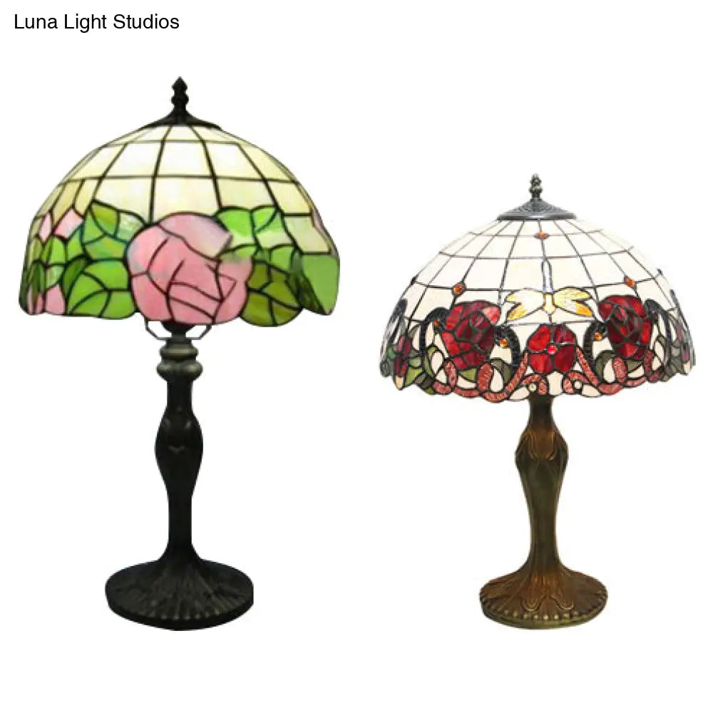 Country Style Stained Glass Dome Flower Table Light - Red/Green - 1 Light Indoor Lighting
