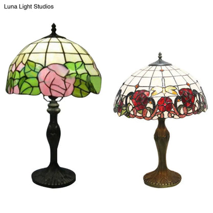 Country Style Stained Glass Dome Flower Table Light - Red/Green - 1 Light Indoor Lighting