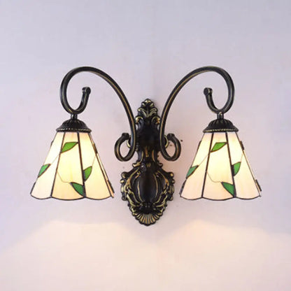 Country Style Stained Glass Leaf Wall Lamp with 2 Blue/Beige Lights for Dining Room