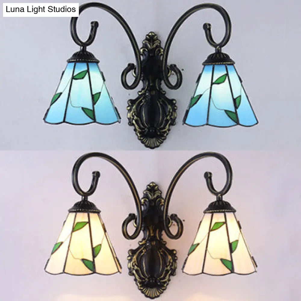 Country Style Stained Glass Leaf Wall Lamp with 2 Blue/Beige Lights for Dining Room