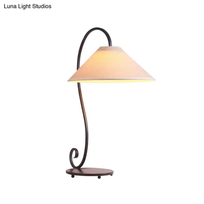 Country Style White Conical Table Lamp with Curved Arm: 1-Light Bedroom Night Light