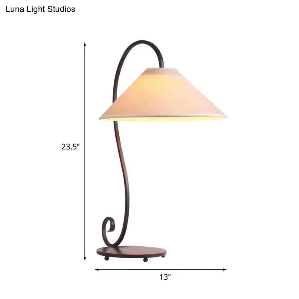 Country Style White Conical Table Lamp with Curved Arm: 1-Light Bedroom Night Light