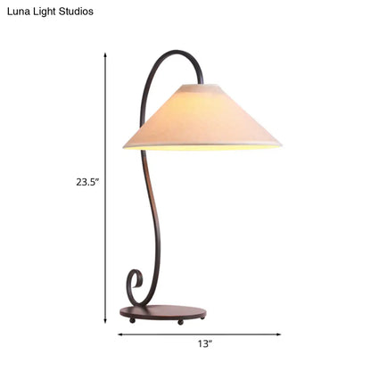 Country Style White Conical Table Lamp with Curved Arm: 1-Light Bedroom Night Light