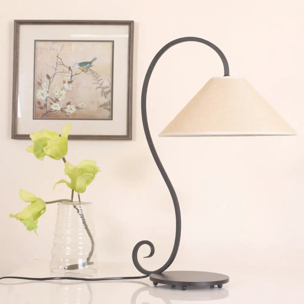 Country Style White Conical Table Lamp with Curved Arm: 1-Light Bedroom Night Light