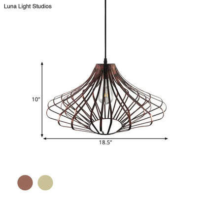 Country Style Wire Cage Pendant Lamp - Metal 1 Light Brass/Rust Ceiling Light - Adjustable Cord