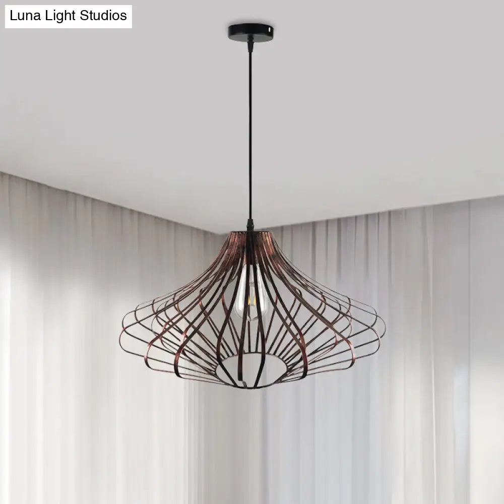 Country Style Wire Cage Pendant Lamp - Metal 1 Light Brass/Rust Ceiling Light - Adjustable Cord