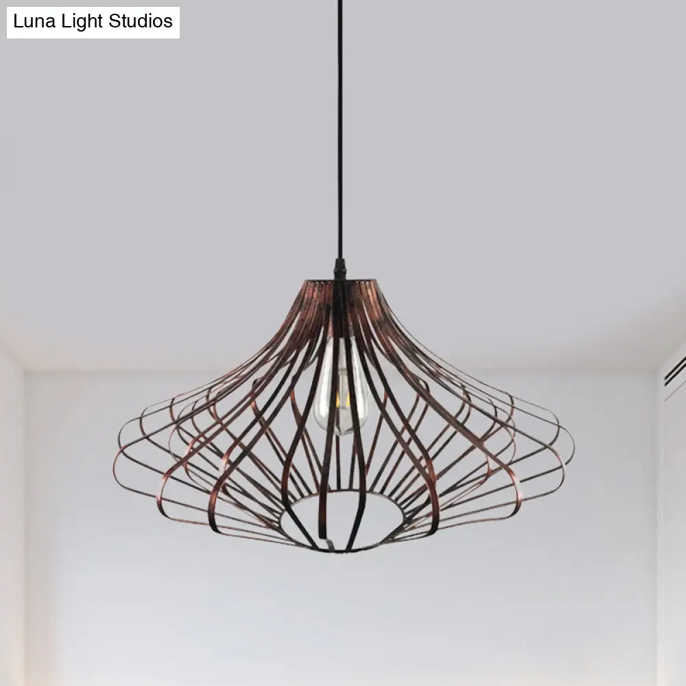 Country Style Wire Cage Pendant Lamp - Metal 1 Light Brass/Rust Ceiling Light - Adjustable Cord