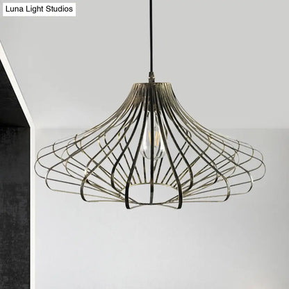 Country Style Wire Cage Pendant Lamp - Metal 1 Light Brass/Rust Ceiling Light - Adjustable Cord