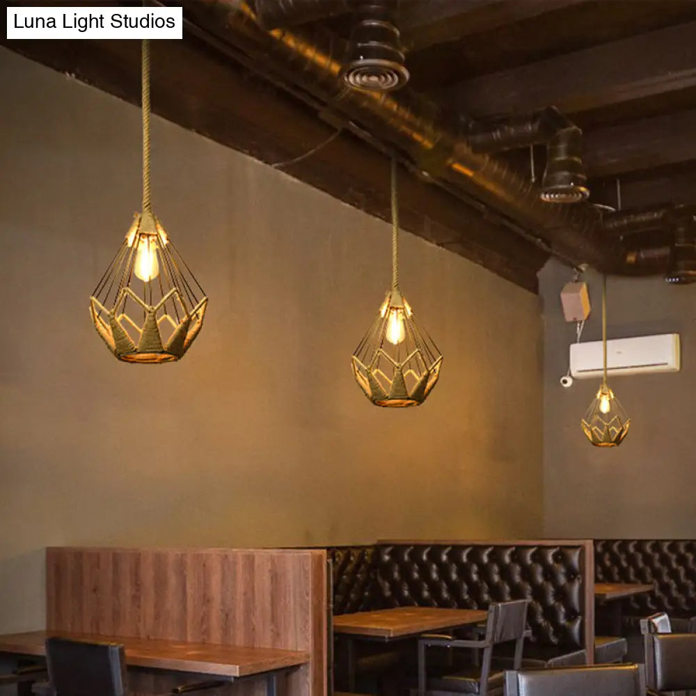 Country Style Wood Rope Pendant Light for Restaurants - Single Cage Shade Suspension