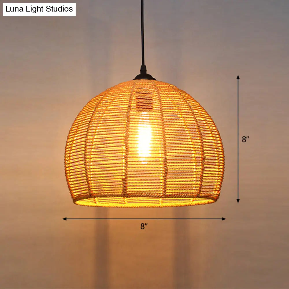 Country Style Wood Rope Pendant Light for Restaurants - Single Cage Shade Suspension