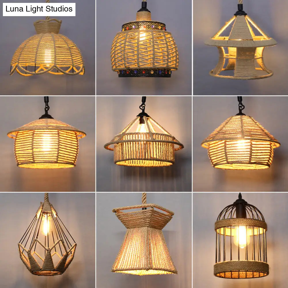 Country Style Wood Rope Pendant Light for Restaurants - Single Cage Shade Suspension